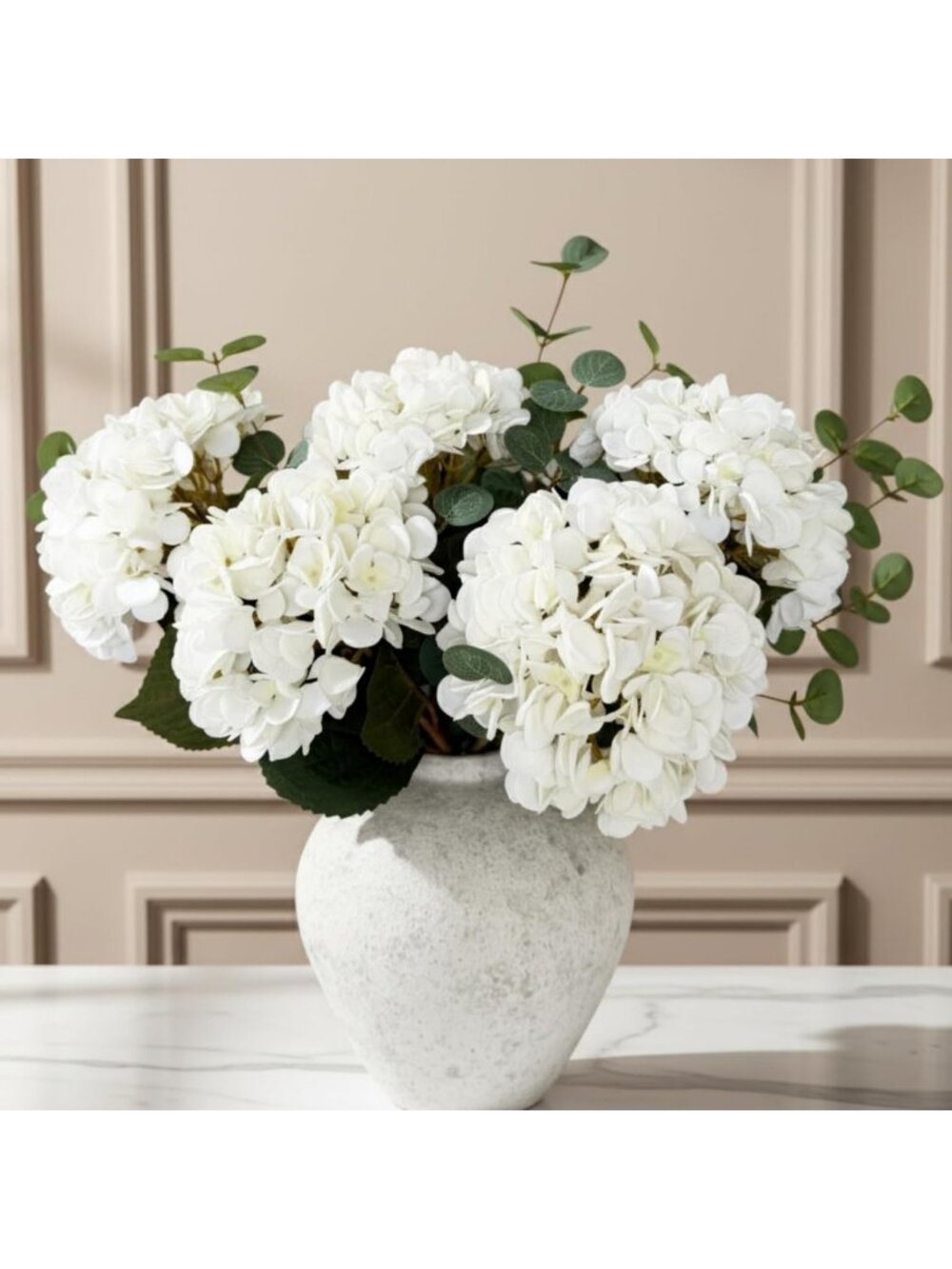 Realistic White Faux Hydrangea & Eucalyptus Floral Arrangement for Home Decor